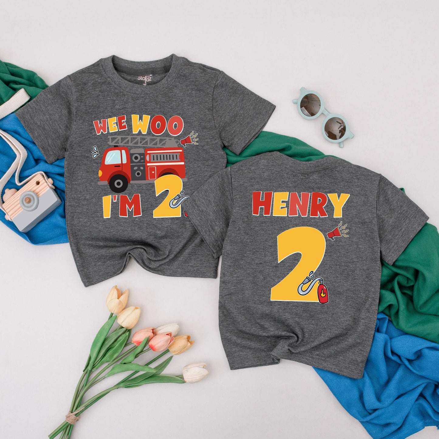 Personalized Wee Woo I'm Two Firetruck Birthday Shirt for Boys 2nd Birthday Fireman Toddler Tee Gift Idea