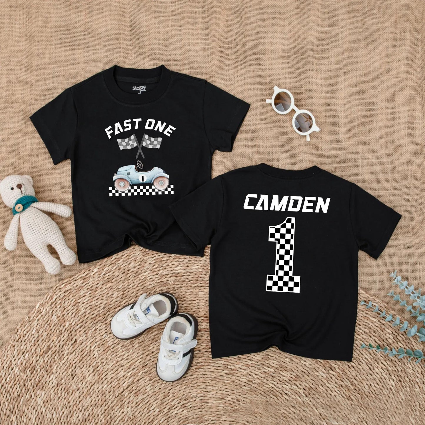 Custom Name Fast One Race Car First Birthday Baby Boy Romper Outfit Bodysuit Cake Smash Party Gift for Toddlers Boys