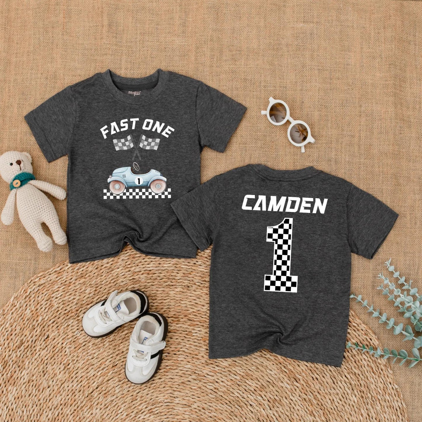 Custom Name Fast One Race Car First Birthday Baby Boy Romper Outfit Bodysuit Cake Smash Party Gift for Toddlers Boys