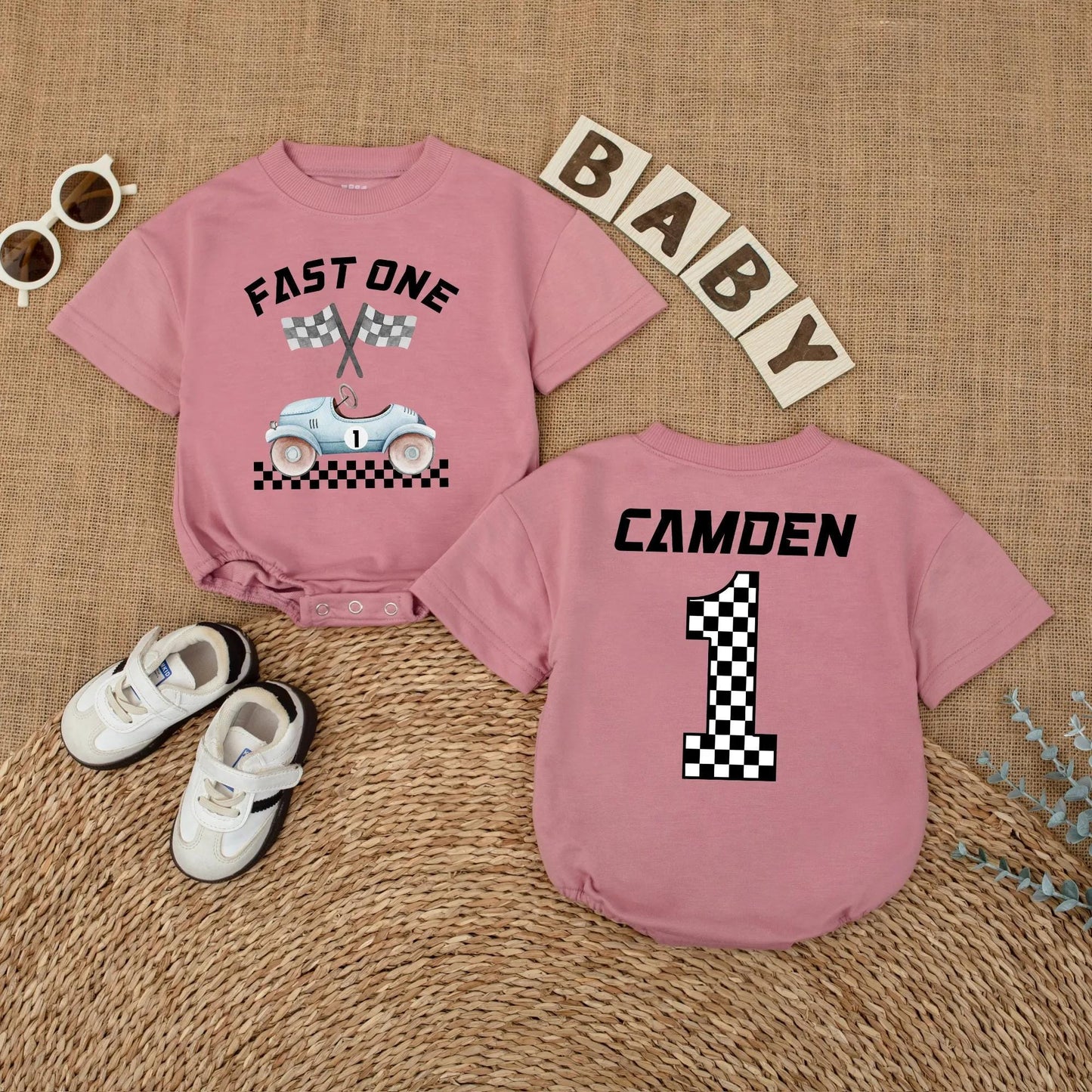 Custom Name Fast One Race Car First Birthday Baby Boy Romper Outfit Bodysuit Cake Smash Party Gift for Toddlers Boys