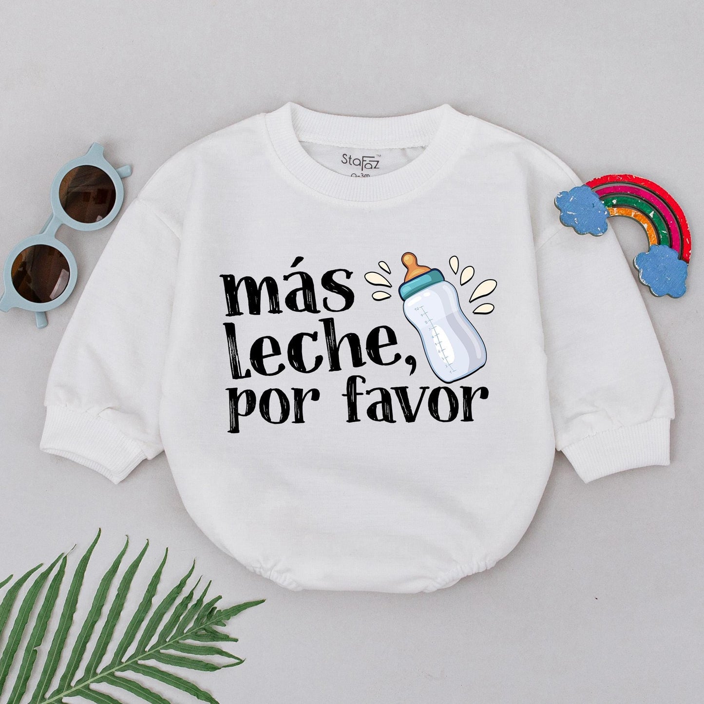Más Leche Por Favor Baby Romper Funny Spanish Bodysuit Milk Bottle Outfit Bilingual Baby Shower Gift for Boys Girls