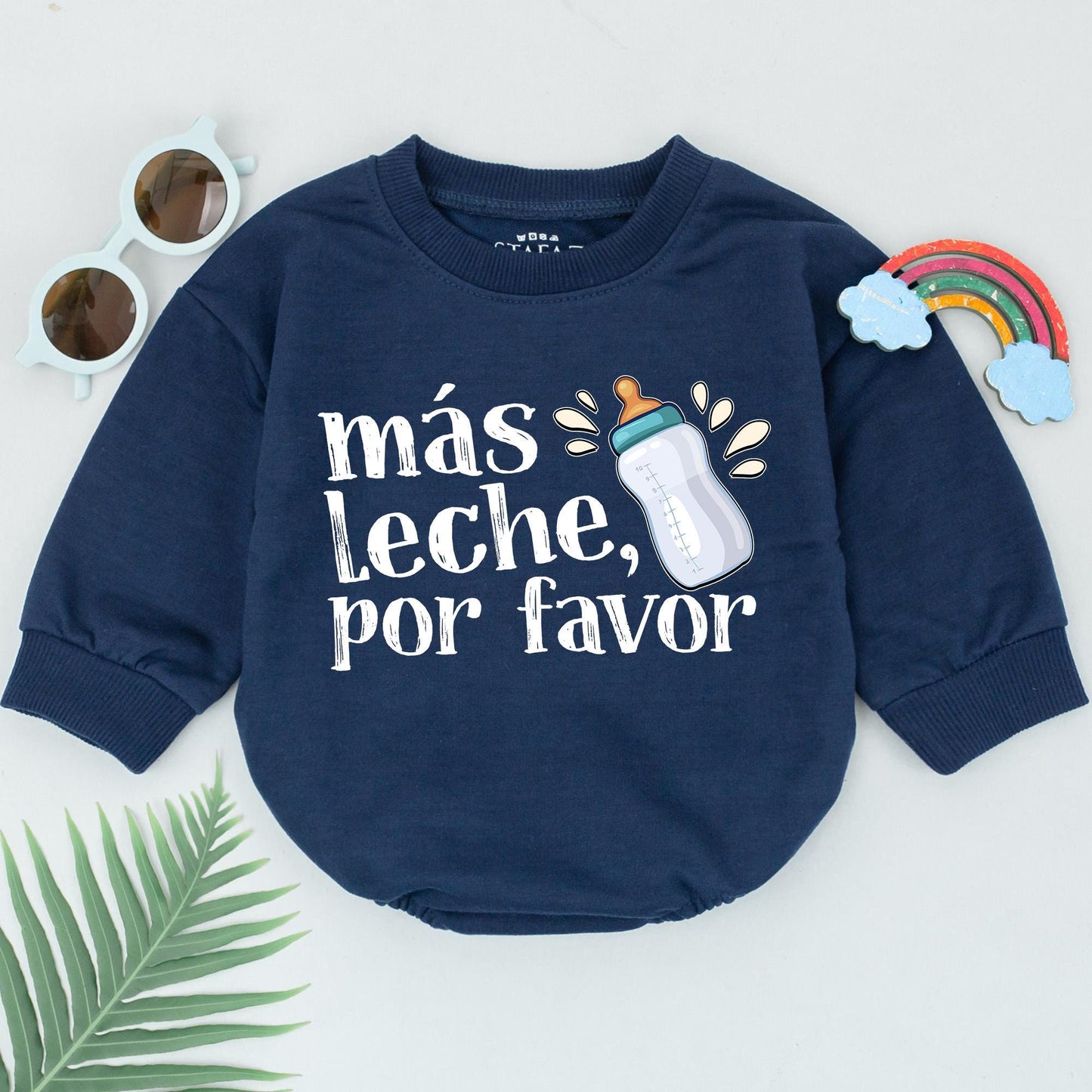 Más Leche Por Favor Baby Romper Funny Spanish Bodysuit Milk Bottle Outfit Bilingual Baby Shower Gift for Boys Girls