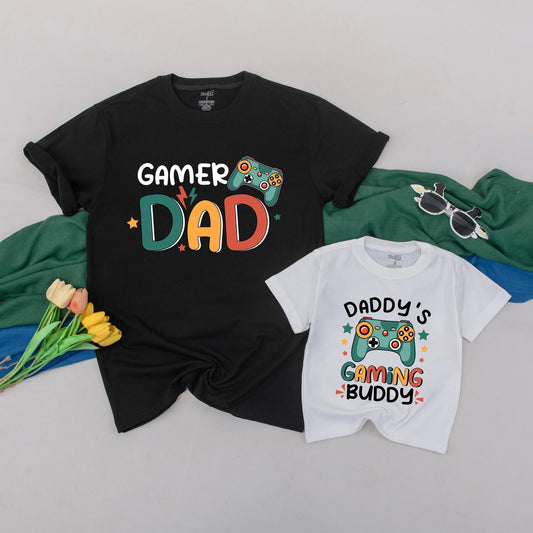 Gamer Dad & Gaming Buddy T-Shirts - First Father's Day Gift for Dad & Baby Boy - Matching Family Outfits