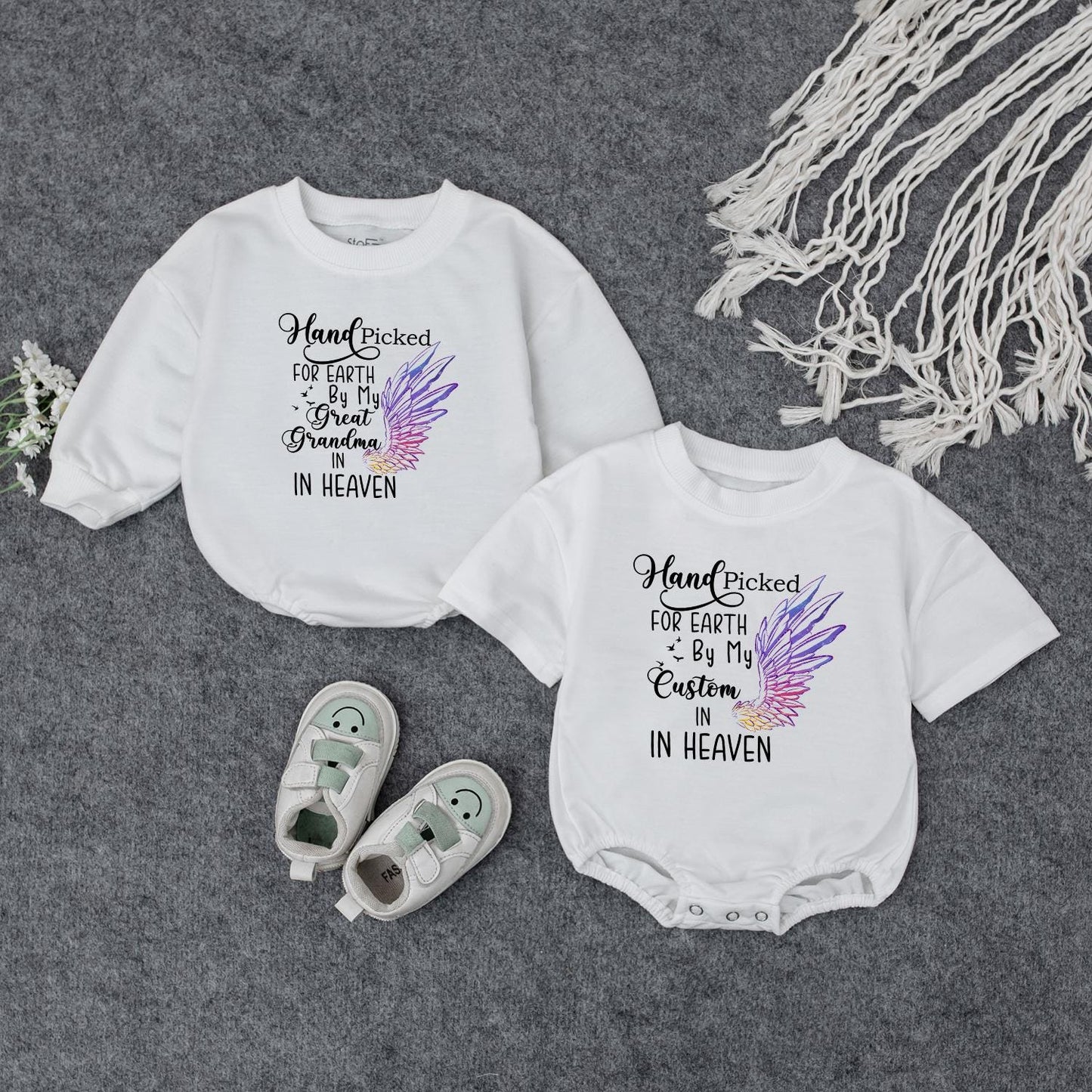 Hand Picked for Earth Baby Romper From Heaven Newborn Bodysuit, Custom Grandpa's Kiss Gift for Baby Shower, Announcement, Girl or Boy Bubble Romper