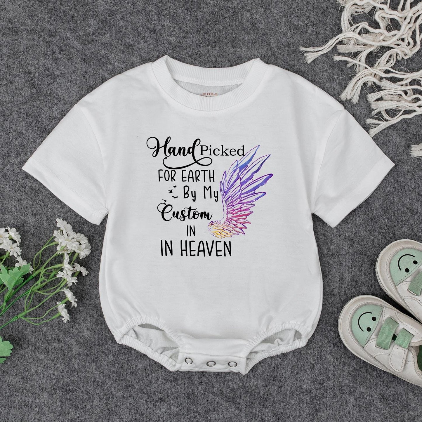 Hand Picked for Earth Baby Romper From Heaven Newborn Bodysuit, Custom Grandpa's Kiss Gift for Baby Shower, Announcement, Girl or Boy Bubble Romper
