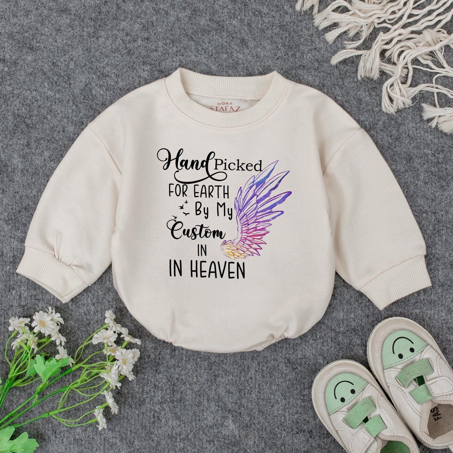 Hand Picked for Earth Baby Romper From Heaven Newborn Bodysuit, Custom Grandpa's Kiss Gift for Baby Shower, Announcement, Girl or Boy Bubble Romper