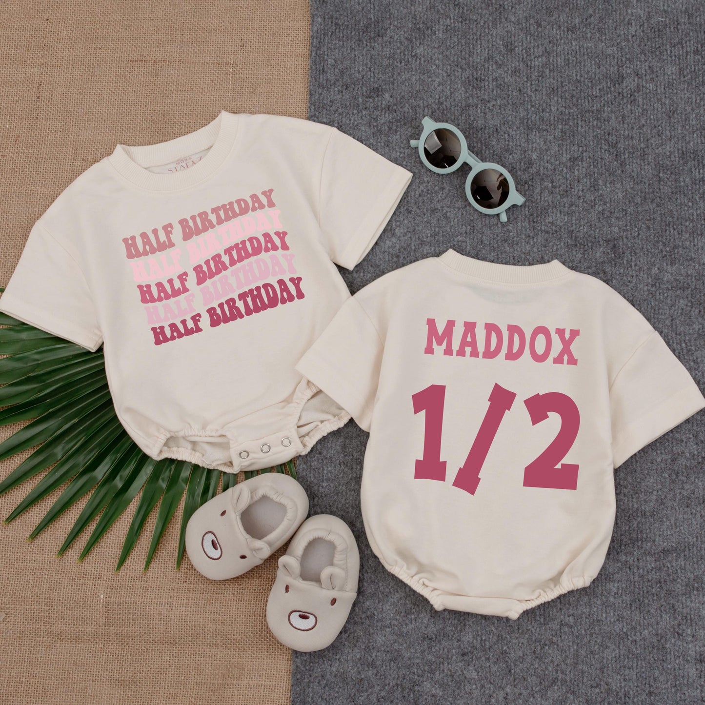 Pink Bubble Romper Half Birthday Outfit Six Months "Halfway To One" "Baby Girl" "Baby Boy" Infant Clothes Cotton Comfortable Summer Celebration Gift