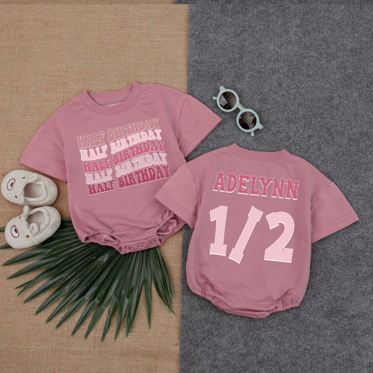 Pink Bubble Romper Half Birthday Outfit Six Months "Halfway To One" "Baby Girl" "Baby Boy" Infant Clothes Cotton Comfortable Summer Celebration Gift
