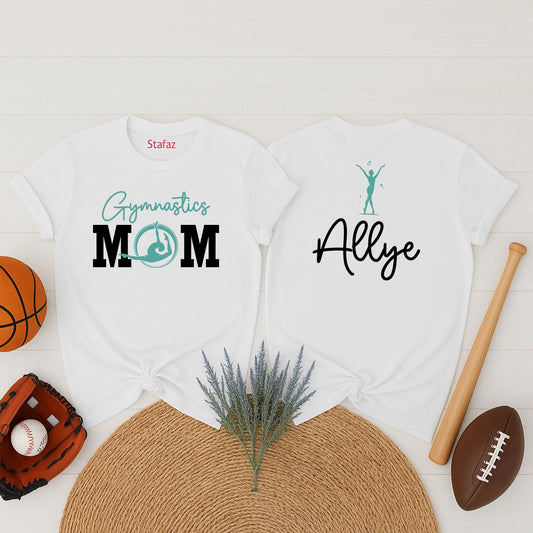 Gymnastics Mom Shirt: Custom Name Gym Mama Gift T-Shirt for Women, Heart on the Mat, Tumble & Cheer Gifts