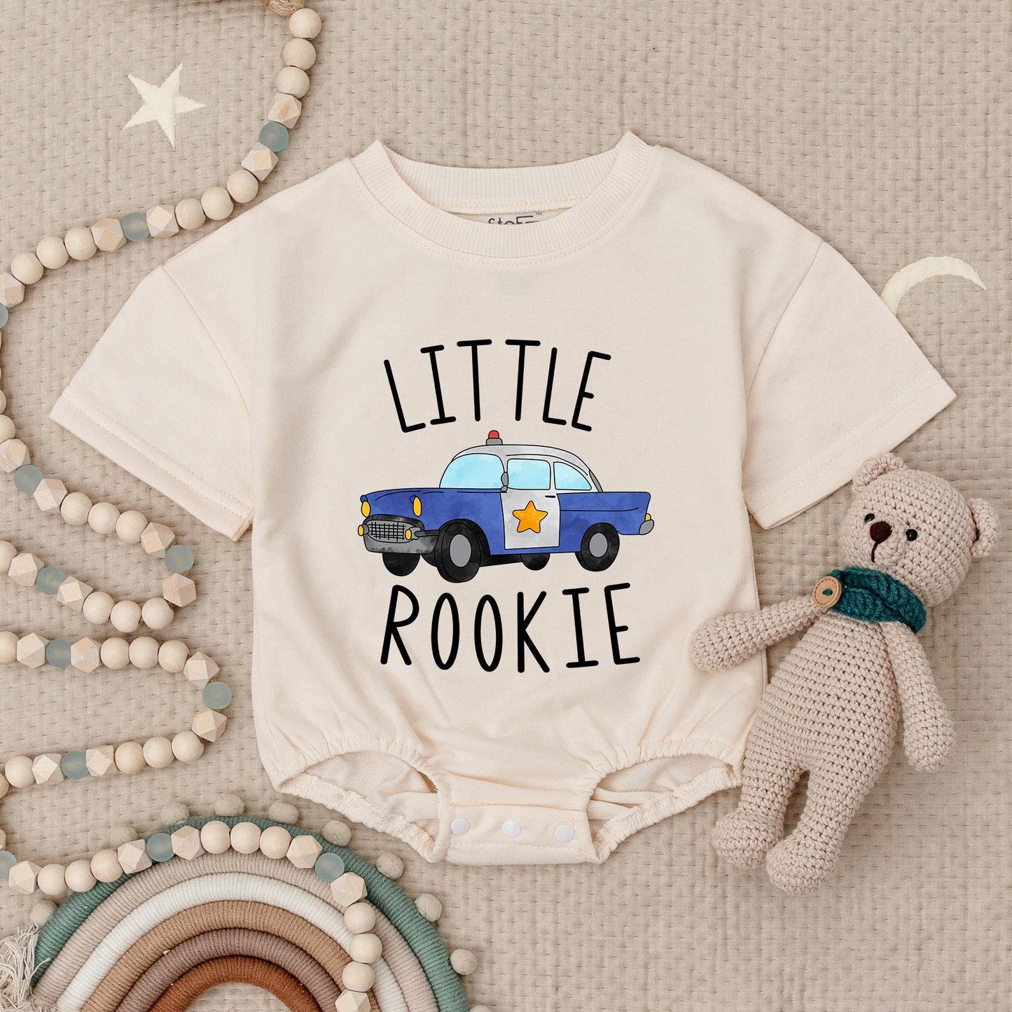 Little Rookie Police Car Baby Romper: Future Law Enforcement, Adorable Policeman Bodysuit for Baby Shower Gift, Comfortable Cotton, Blue & White, Red Siren (139 chars)
