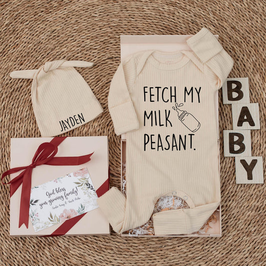 Fetch My Milk Peasant Baby Bodysuit Funny Newborn Outfit Sassy Baby Shower Gift Idea for New Parents Coming Home Cotton
