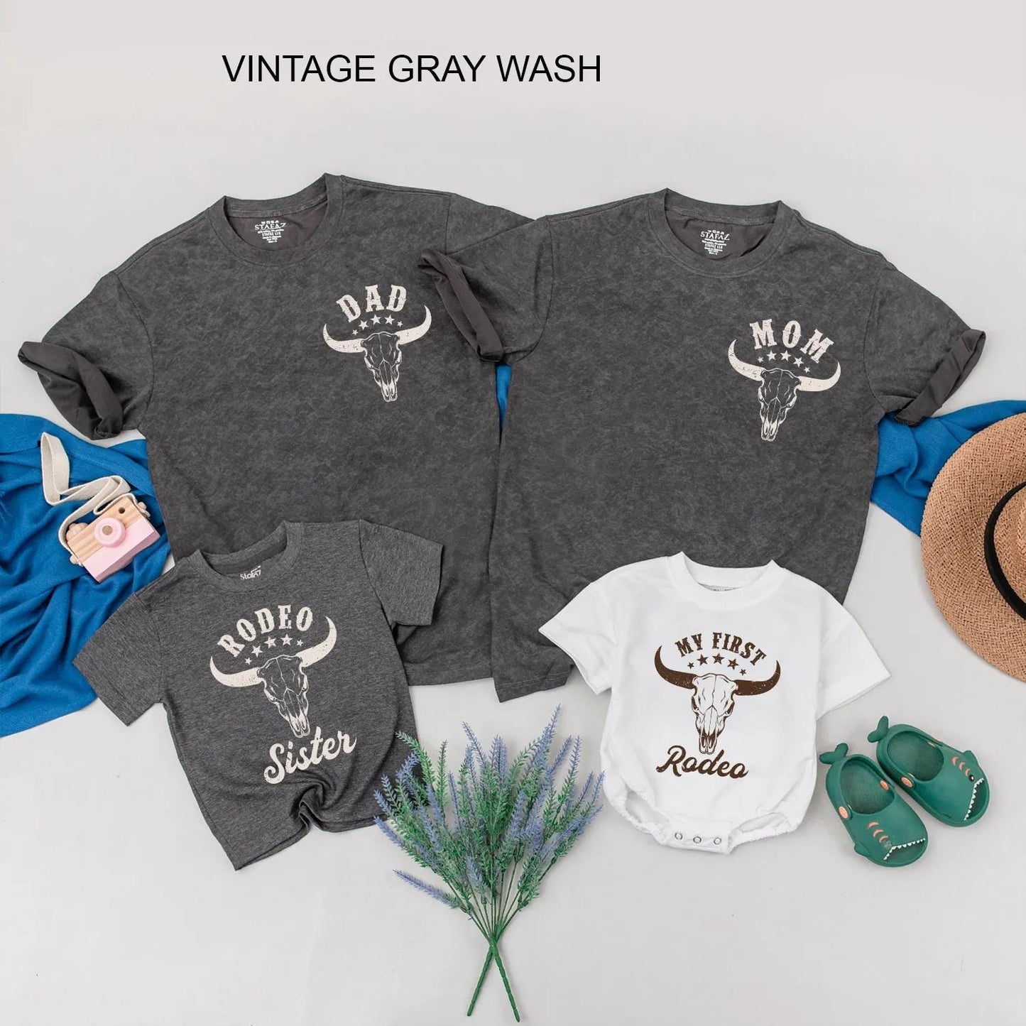 My First Rodeo Family Matching Shirts Custom Cowboy Birthday Outfit featuring Steer Skull Vintage Western Farm Style Apparel Baby Boy Romper