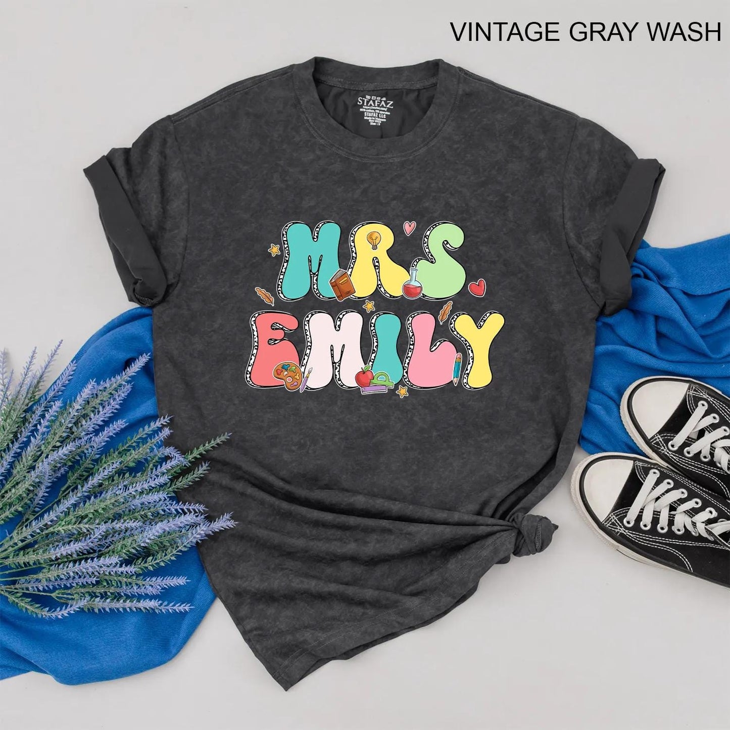 Personalized Teacher Shirt Mrs. Emily Rainbow Name Back to School Outfit, Custom Colorful Letters, Cute Heart Apple Beaker Book Pencil Graphic Gift for Women (138)