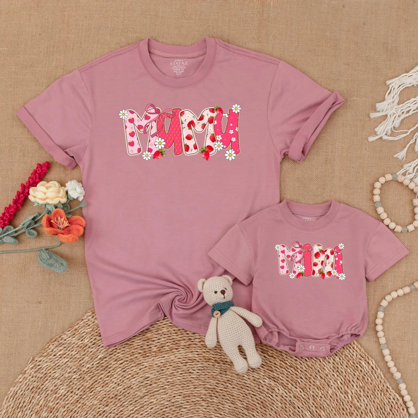 Strawberry Mama and Mini Matching Shirts Cute Floral Summer Outfits Berry First Birthday Mommy and Me Clothes