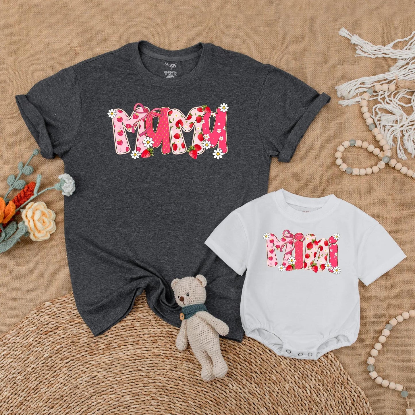 Strawberry Mama and Mini Matching Shirts Cute Floral Summer Outfits Berry First Birthday Mommy and Me Clothes