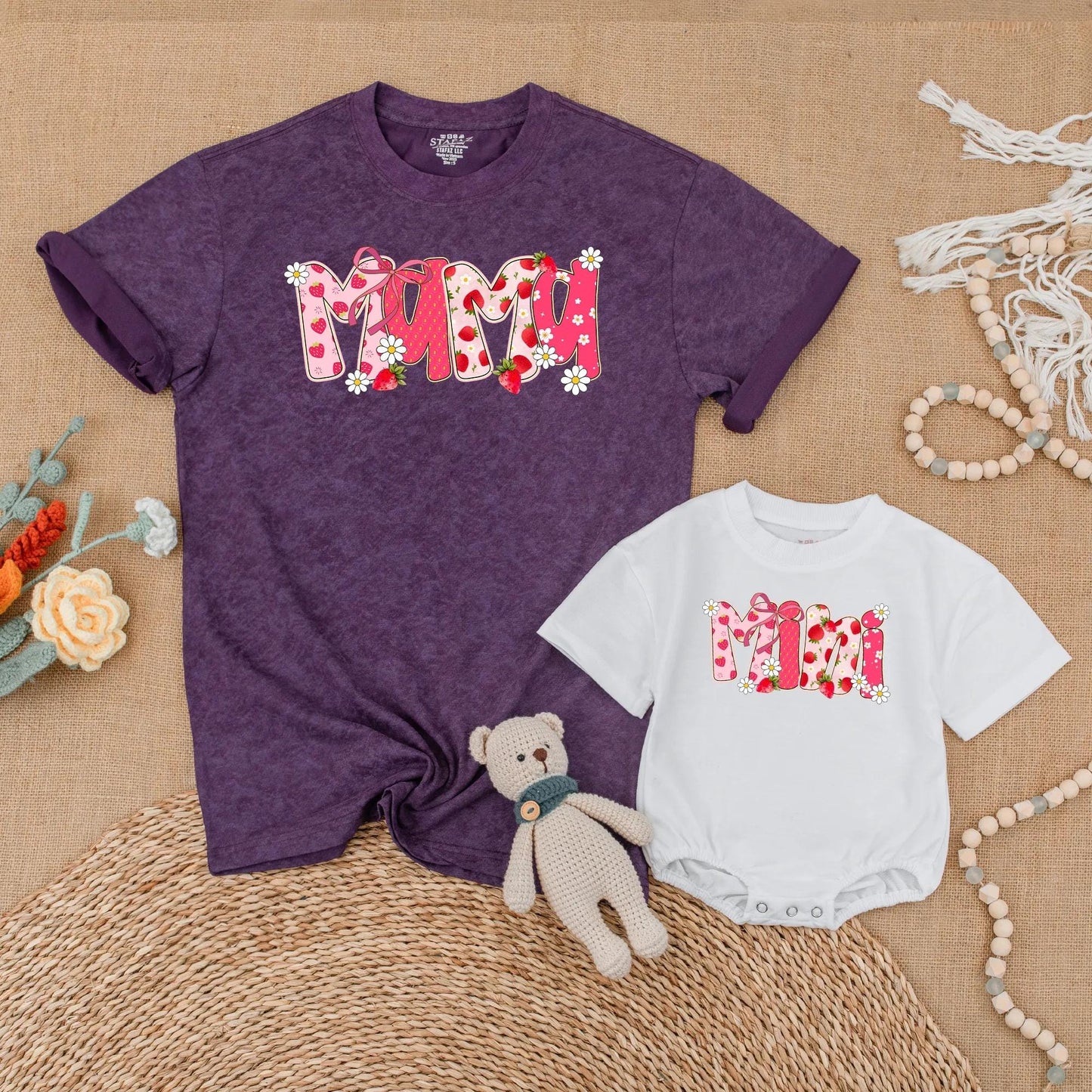 Strawberry Mama and Mini Matching Shirts Cute Floral Summer Outfits Berry First Birthday Mommy and Me Clothes