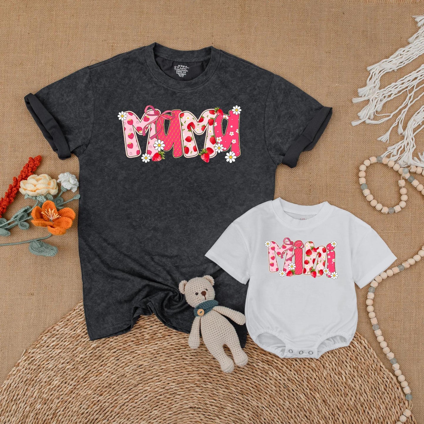 Strawberry Mama and Mini Matching Shirts Cute Floral Summer Outfits Berry First Birthday Mommy and Me Clothes
