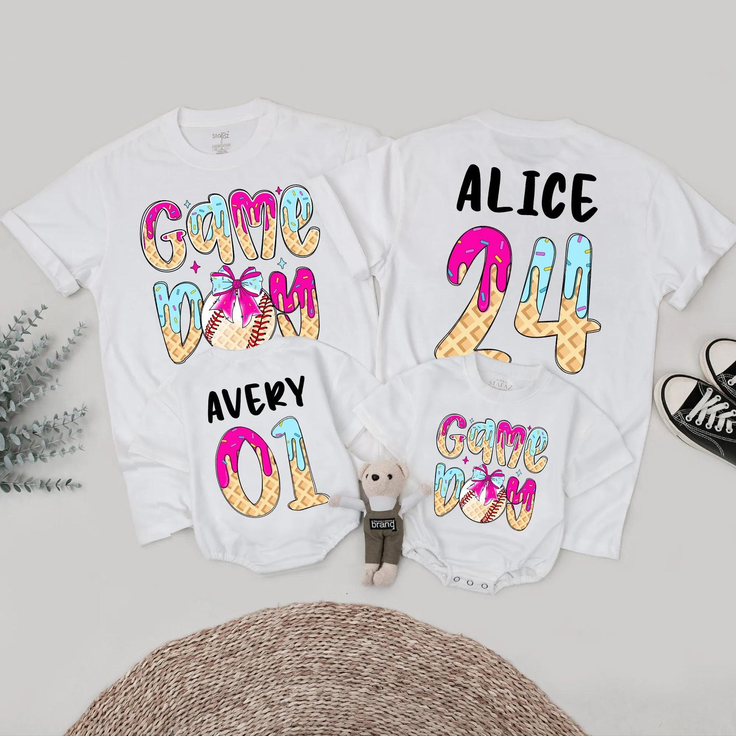 Game Day Baseball Birthday Shirt, Ice Cream Drip Design for Boy or Girl, Custom Age & Name Baseball Tee, Matching Family Option, Waffle Cone Letters