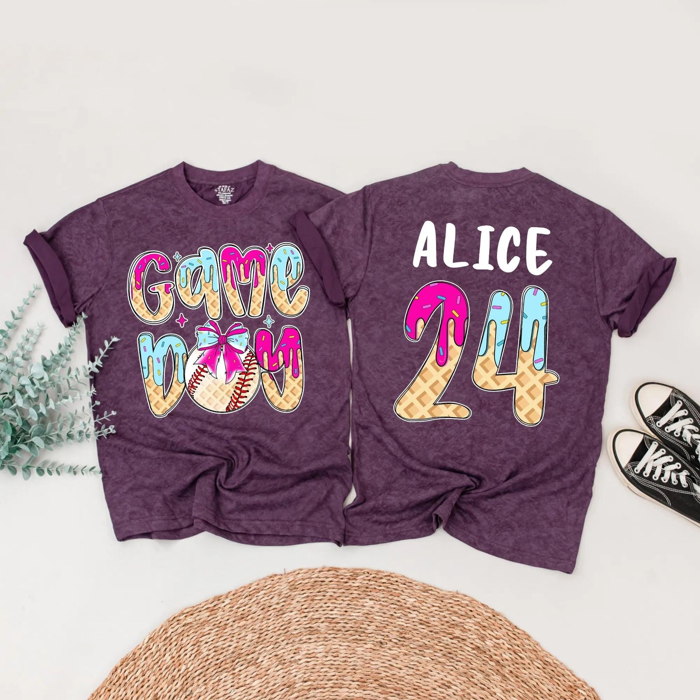 Game Day Baseball Birthday Shirt, Ice Cream Drip Design for Boy or Girl, Custom Age & Name Baseball Tee, Matching Family Option, Waffle Cone Letters