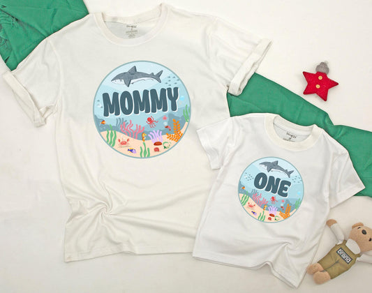 Matching Family Ocean Shark Birthday Outfit for Baby Boy First Oneder The Sea Party Romper Custom Name Natural Cotton Bodysuit