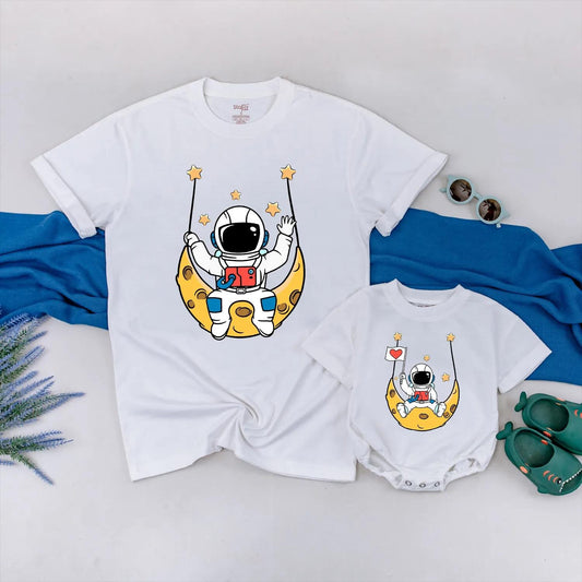 Mommy and Me Astronaut Swinging Baby Bodysuit Cute Space Adventure Kids Outfit Moon Stars Themed Soft Cotton Comfortable Apparel