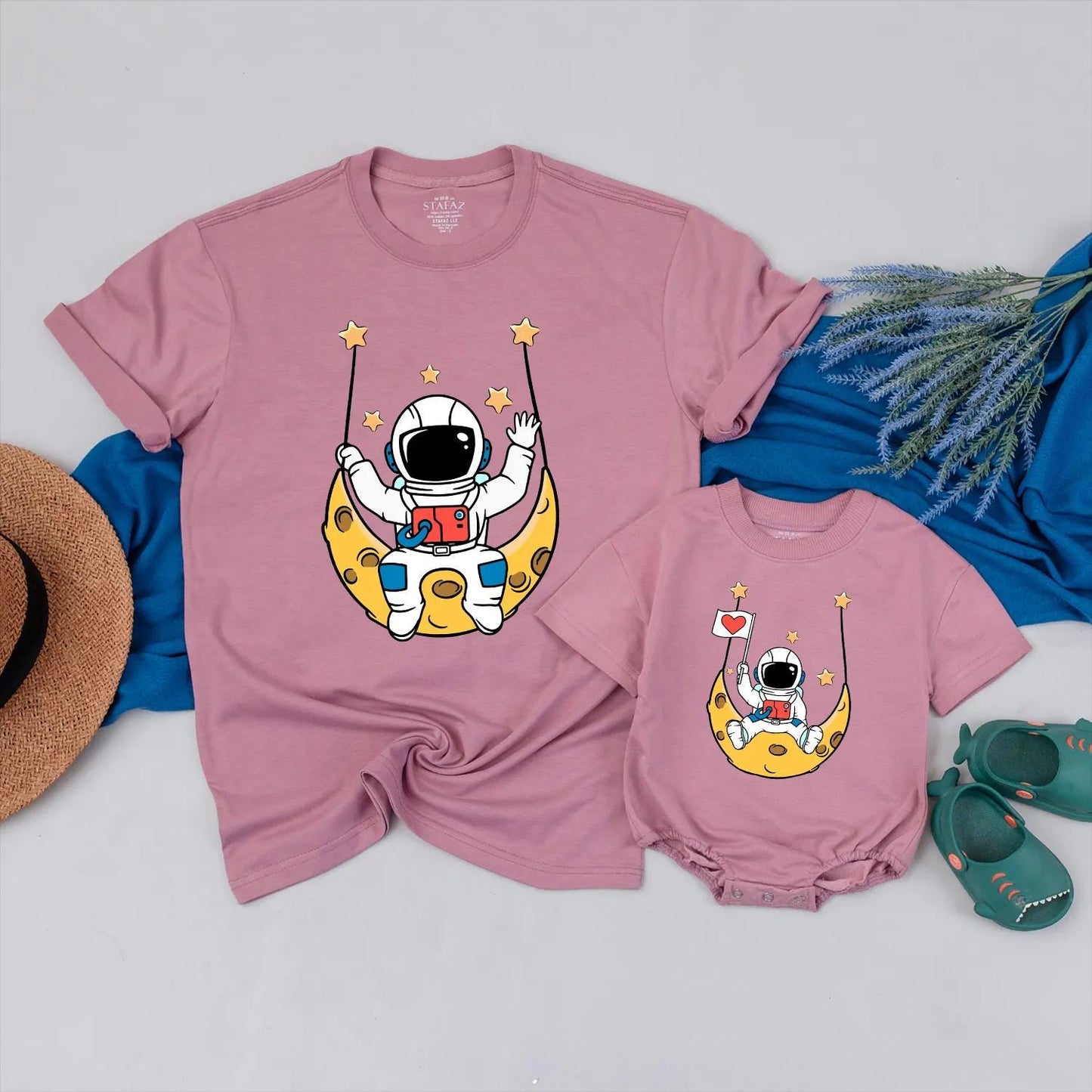 Mommy and Me Astronaut Swinging Baby Bodysuit Cute Space Adventure Kids Outfit Moon Stars Themed Soft Cotton Comfortable Apparel