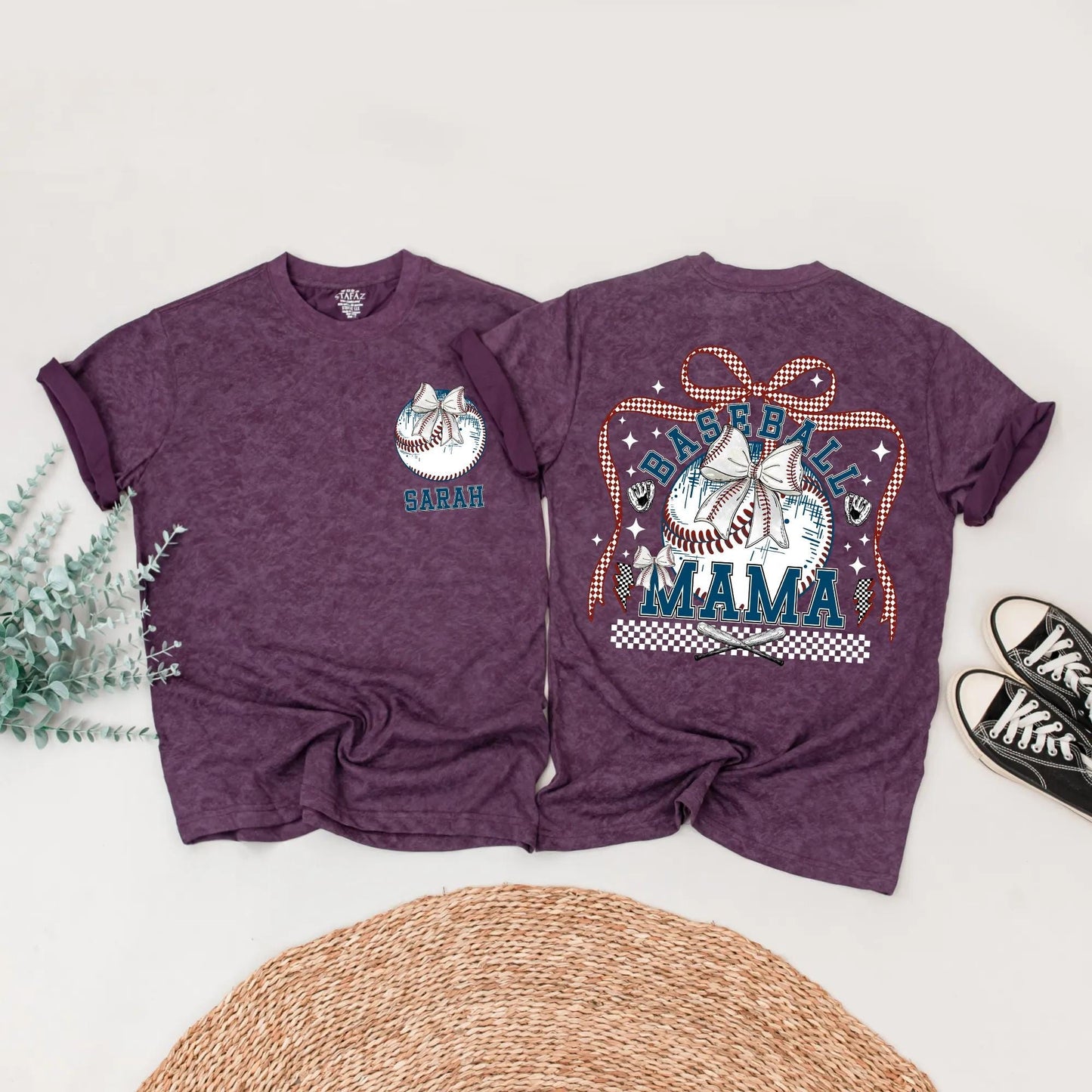 Baseball Mama & Mini Matching Shirts Retro Bow First Birthday Outfit Custom Name Red White Blue Checkered Family Tees Trendy Party Top 1st Birthday Gift