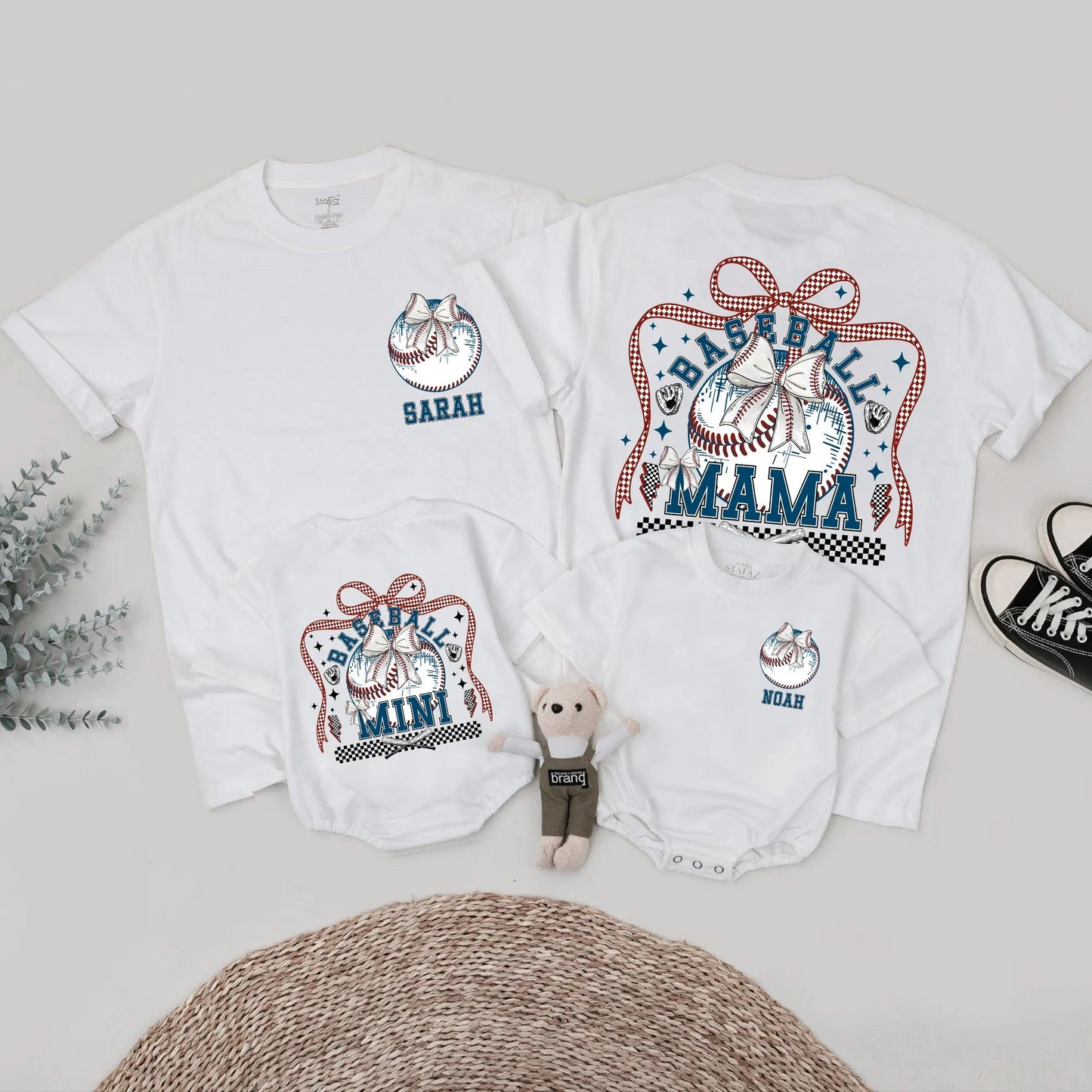 Baseball Mama & Mini Matching Shirts Retro Bow First Birthday Outfit Custom Name Red White Blue Checkered Family Tees Trendy Party Top 1st Birthday Gift