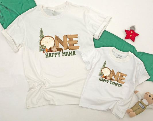 Matching Family Camping Shirts: One Happy Camper 1st Birthday Outfit, Mommy and Me, Camp Baby Romper, Boy & Girl Gifts (139 chars)