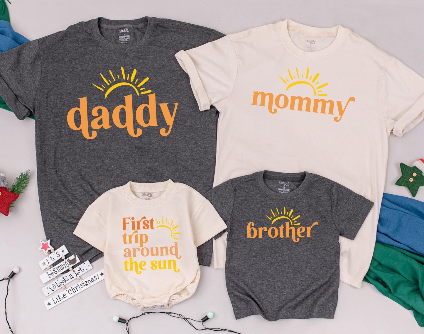 Matching First Trip Around The Sun Birthday Shirt for Family, Sunshine Baby Girl Toddler 1st Birthday Outfit, Boho Sun Summer Vacation Tee