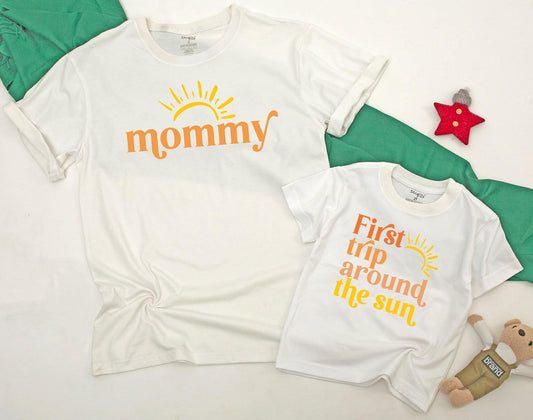 Matching First Trip Around The Sun Birthday Shirt for Family, Sunshine Baby Girl Toddler 1st Birthday Outfit, Boho Sun Summer Vacation Tee