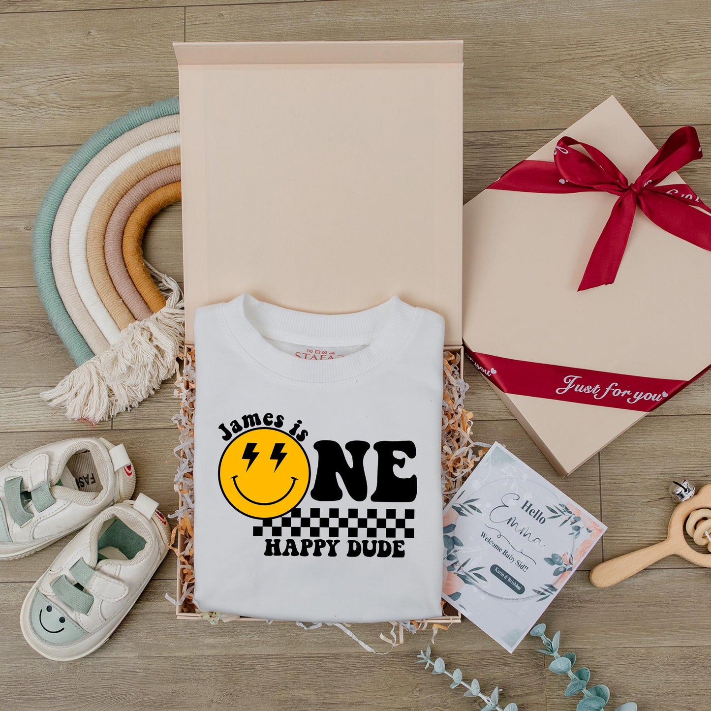 One Happy Dude Birthday Bodysuit First Birthday Smiley Face Outfit for Baby Boy Custom Name Personalized