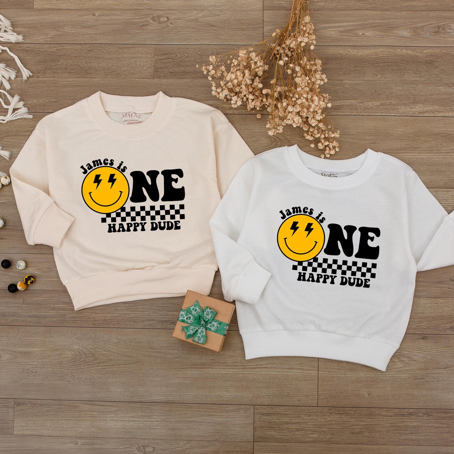 One Happy Dude Birthday Bodysuit First Birthday Smiley Face Outfit for Baby Boy Custom Name Personalized