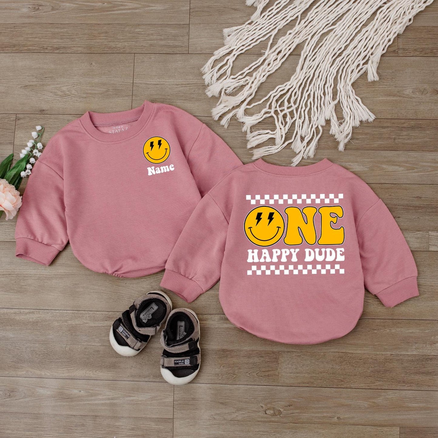 One Happy Dude Bubble Romper Smiley Face Birthday Outfit Custom 1st Birthday Baby Clothes Cake Smash Outfit