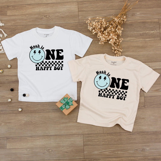 Custom One Happy Boy Birthday Bodysuit Smiley Face Outfit First Birthday Personalized Toddler Clothes