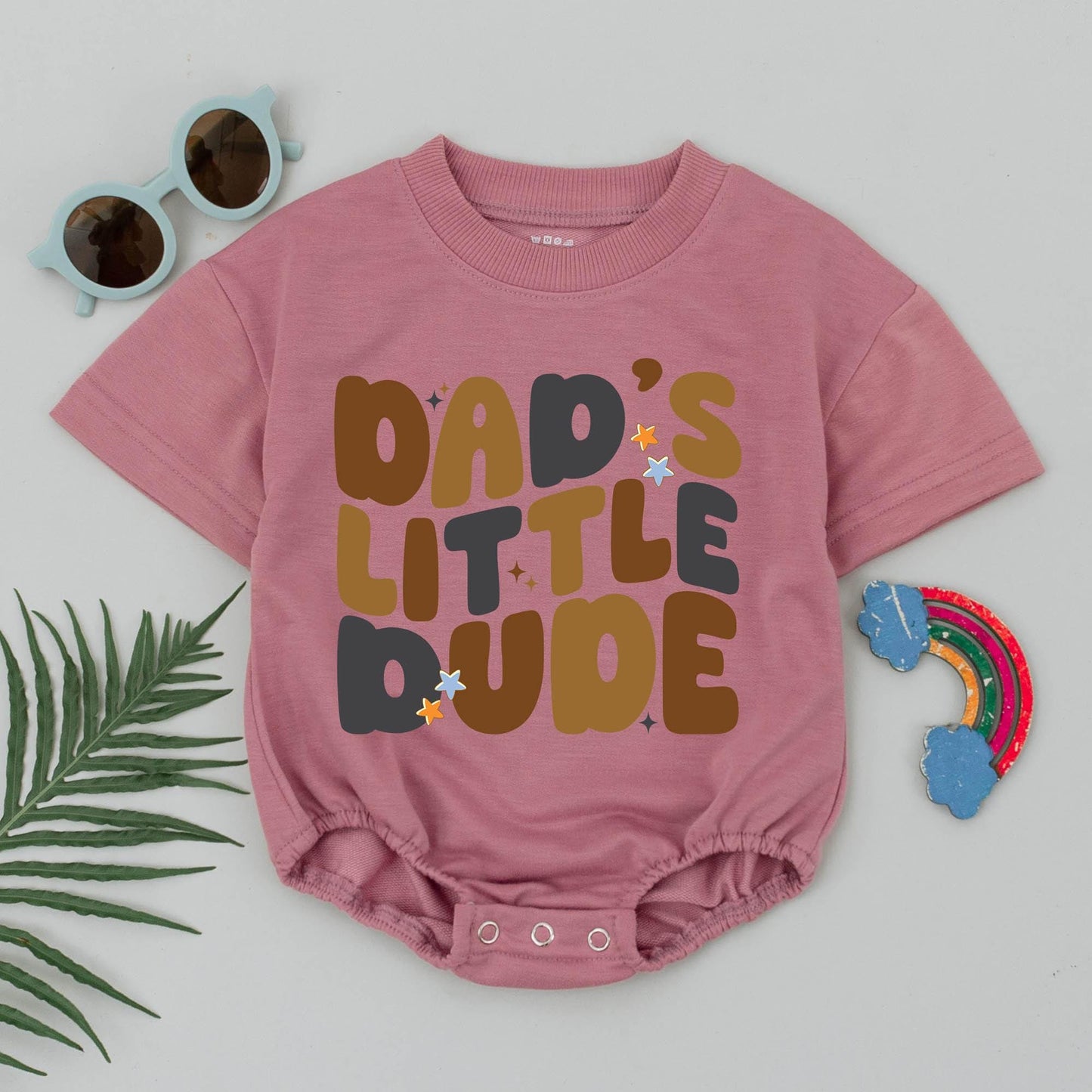 Dad's Little Dude Romper Retro Brown Gray Stars Baby Boy Outfit First Father's Day Gift