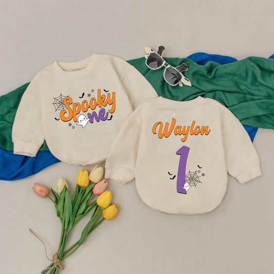 Spooky One Personalized Romper, First Halloween Baby Bodysuit, Boo Outfits, Custom Name, Soft Cotton, Fall Baby Shower Gift, Spooky Season (137 chars)