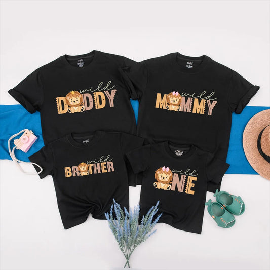 Wild Family Matching Birthday Shirts Cute Cartoon Lion Cub Mommy Daddy Sister Wild One Romper Custom First Birthday Outfit
