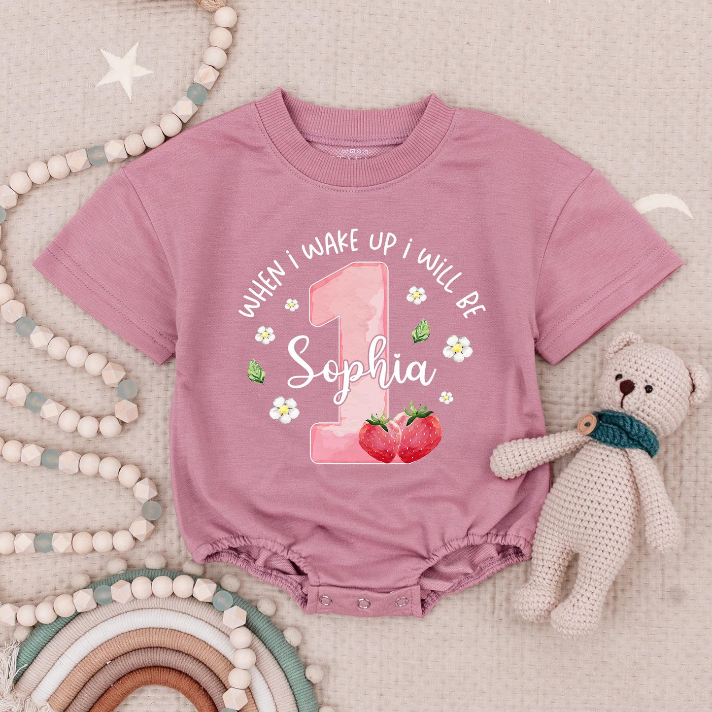Sophia is One! Pink Strawberry 1st Birthday Romper, Whimsical Baby Girl Outfit with Flowers & Leaves, Cute Berry First Birthday Bodysuit, Size 1, Adorable