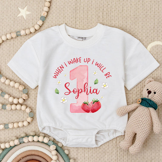 Sophia is One! Pink Strawberry 1st Birthday Romper, Whimsical Baby Girl Outfit with Flowers & Leaves, Cute Berry First Birthday Bodysuit, Size 1, Adorable