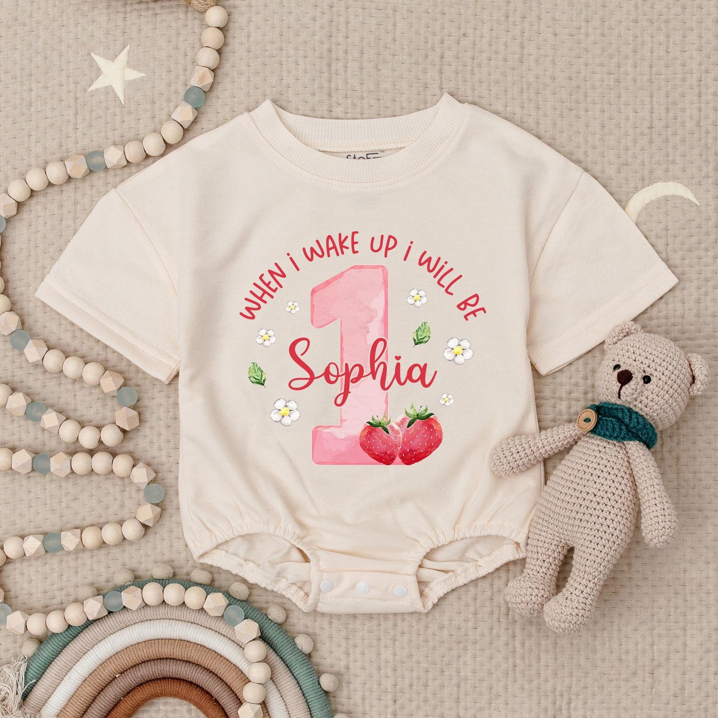 Sophia is One! Pink Strawberry 1st Birthday Romper, Whimsical Baby Girl Outfit with Flowers & Leaves, Cute Berry First Birthday Bodysuit, Size 1, Adorable