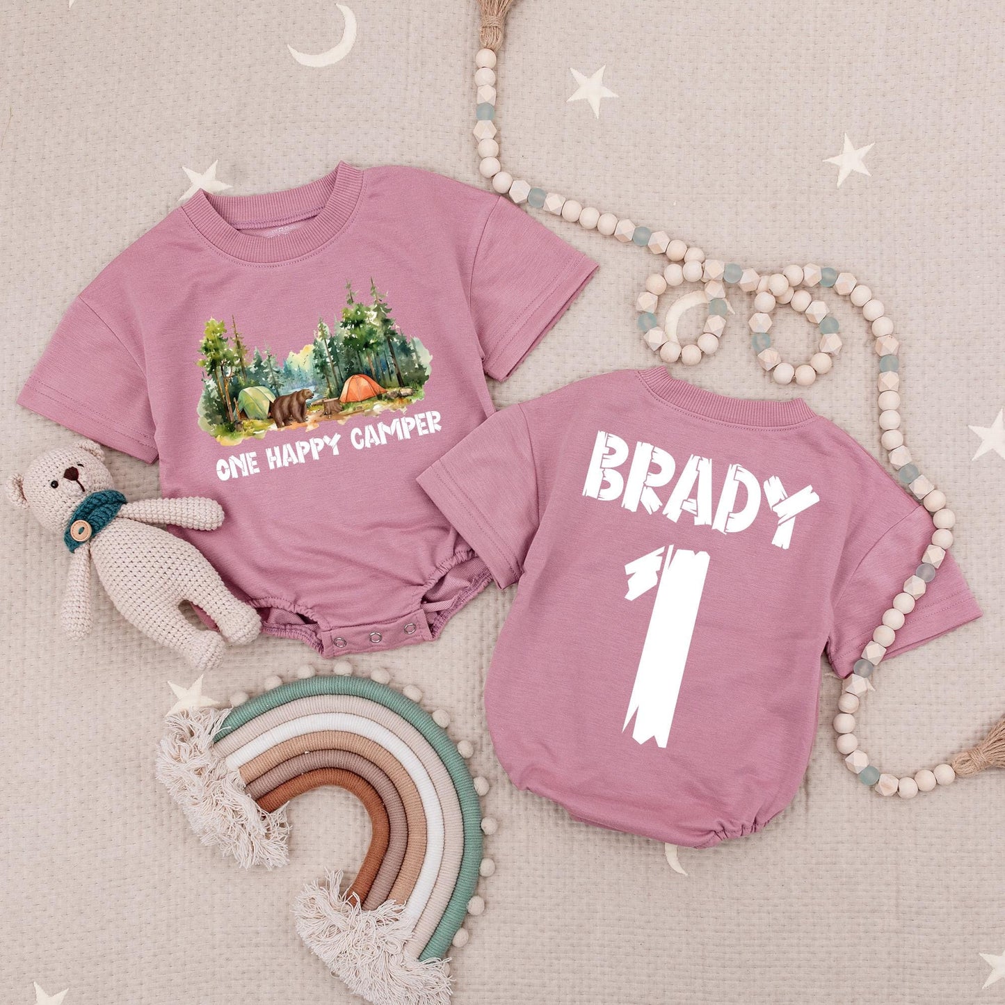 Personalized One Happy Camper Baby Romper Camping First Birthday Boy Outfit with Name and Number Outdoorsy Playful Woodland Design