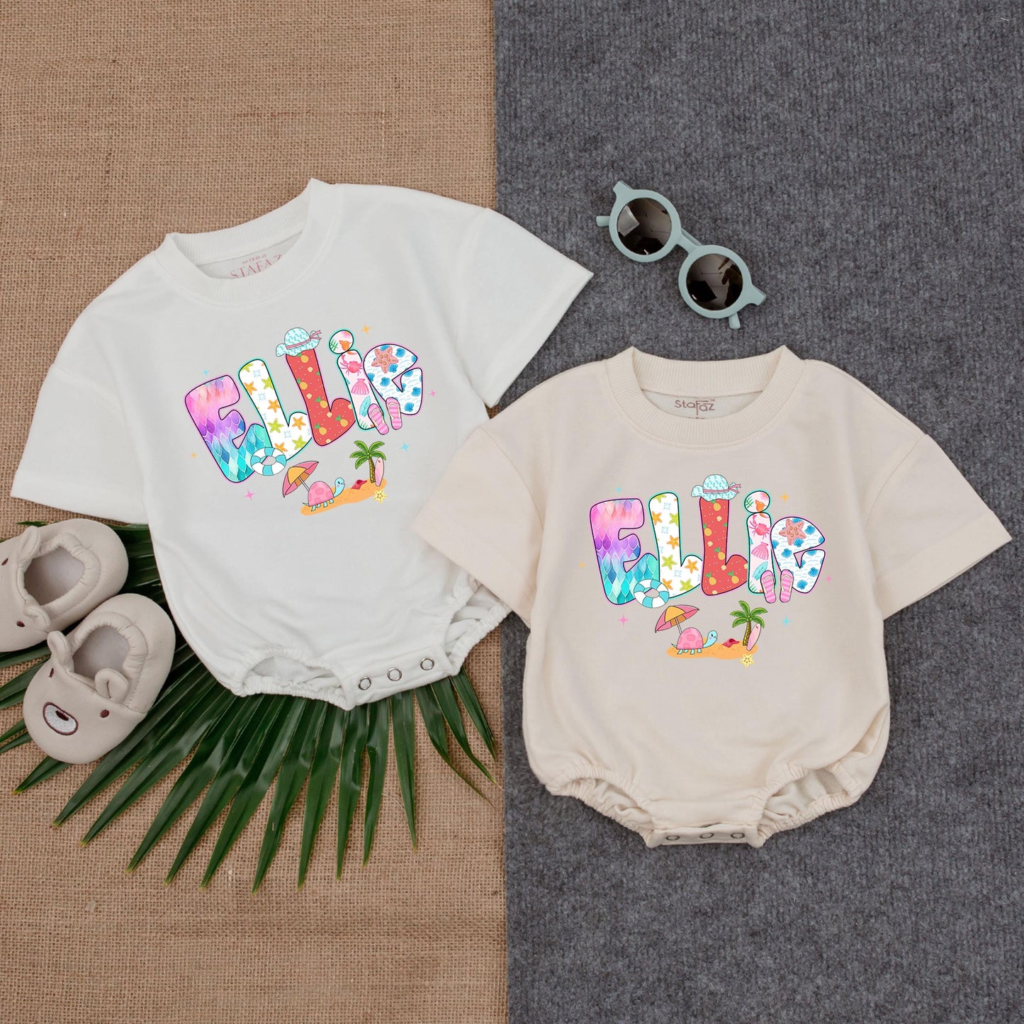 Personalized Beach Girl Romper with Name, Custom Summer Outfit for Baby Girl, Bubble Romper, Beach Baby Clothes, Cute Infant Gift