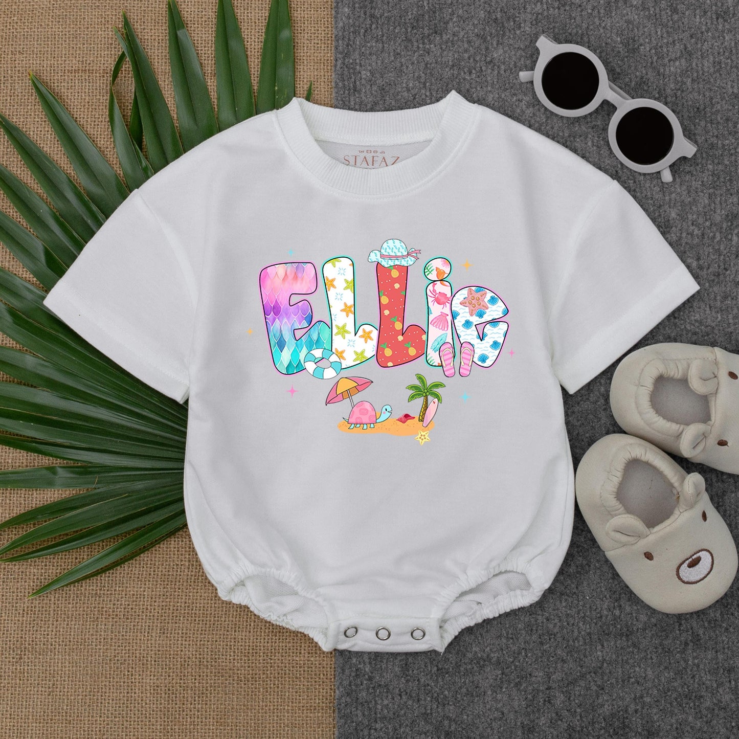 Personalized Beach Girl Romper with Name, Custom Summer Outfit for Baby Girl, Bubble Romper, Beach Baby Clothes, Cute Infant Gift