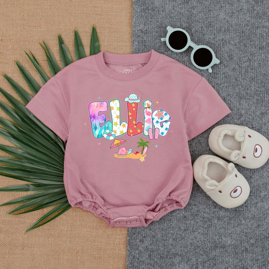 Personalized Beach Girl Romper with Name, Custom Summer Outfit for Baby Girl, Bubble Romper, Beach Baby Clothes, Cute Infant Gift