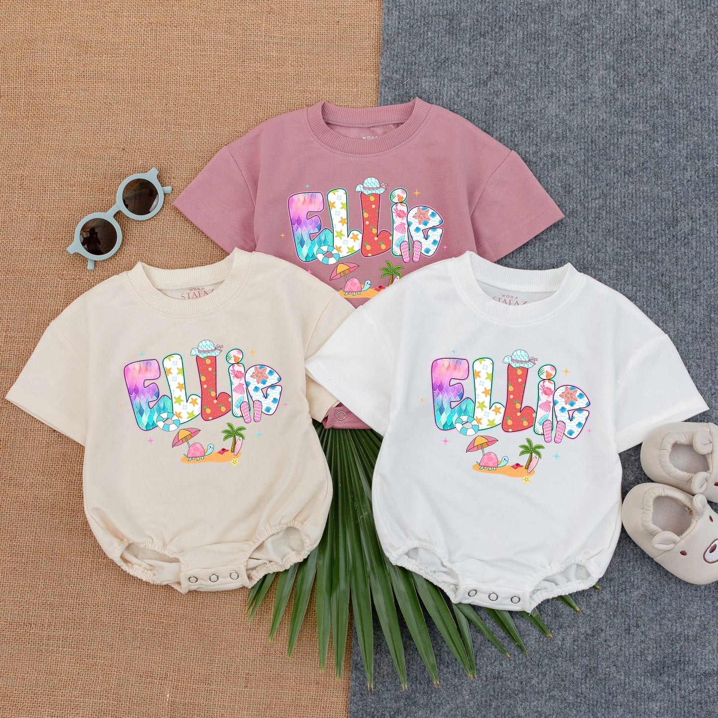 Personalized Beach Girl Romper with Name, Custom Summer Outfit for Baby Girl, Bubble Romper, Beach Baby Clothes, Cute Infant Gift