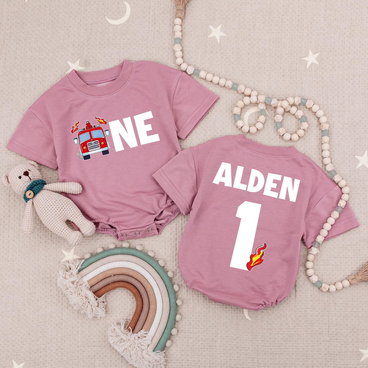 Alden's Fire Truck Birthday Outfit: "One" in Bold Fun! Custom Name Firefighter Baby Clothes Set with Flames, Playful Red & Black Design, Cotton Gift 139