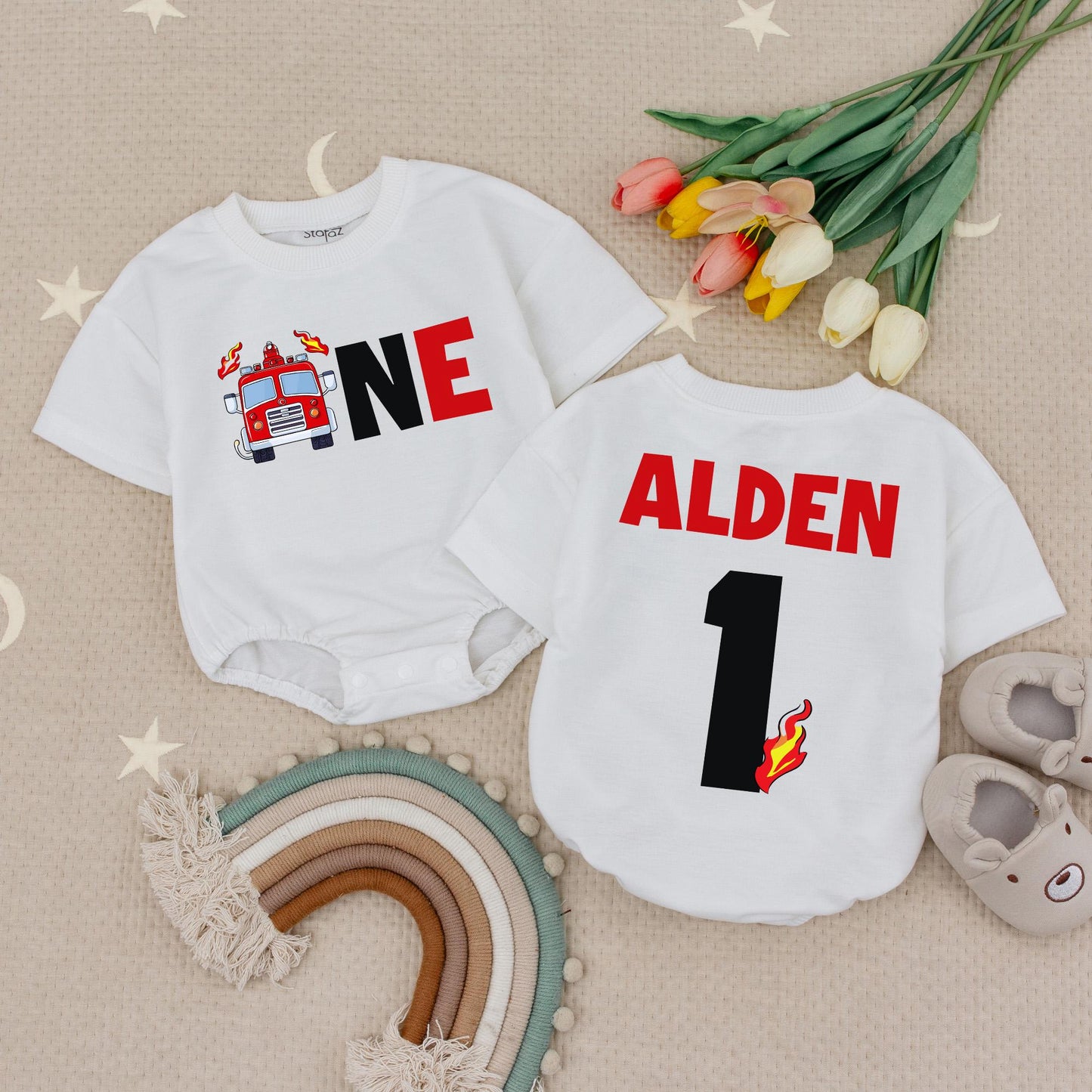 Alden's Fire Truck Birthday Outfit: "One" in Bold Fun! Custom Name Firefighter Baby Clothes Set with Flames, Playful Red & Black Design, Cotton Gift 139