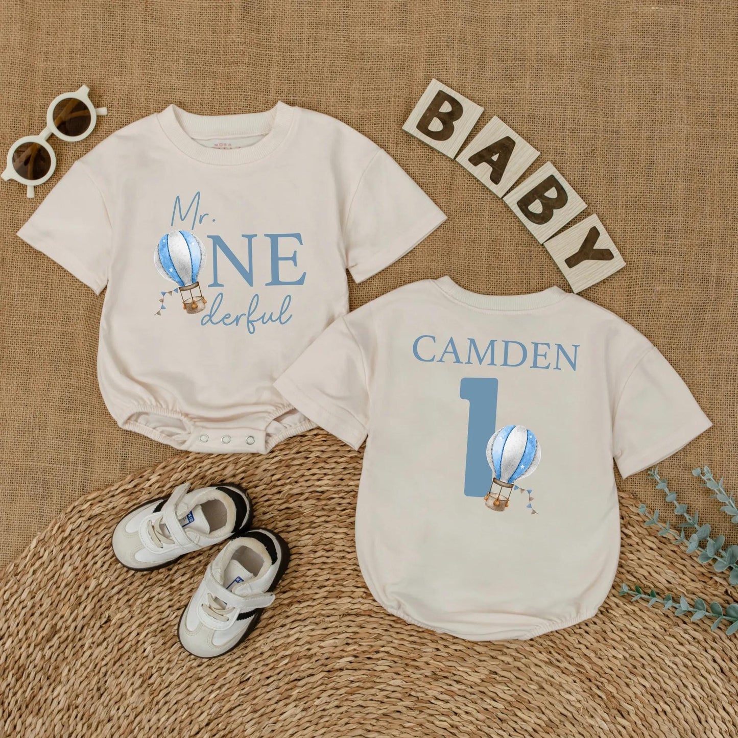 Mr Onederful Hot Air Balloon Romper Custom First Birthday Boy Outfit Newborn Bubble Bodysuit One Year Old Gift