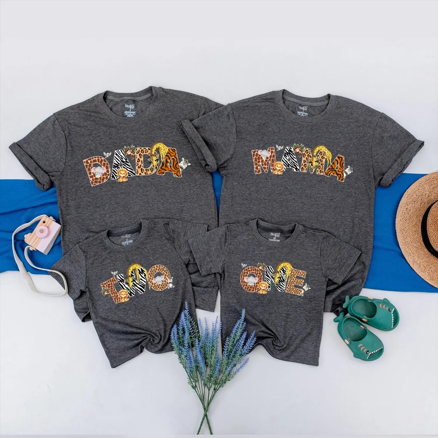Wild One Safari Birthday Matching Family Shirts Mama Dad Jungle Theme Lion Elephant Zebra Spots Orange Brown Black